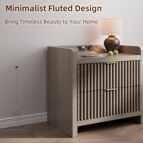 Image of BREEZEHEAT Fluted Nightstand Set of 2, Nightstands with Charging Station, Large Nightstand Bedside Table with 2 Large Drawers, Mid Century Modern End Table for Bedroom, 24 inch Wide, Grey Alder