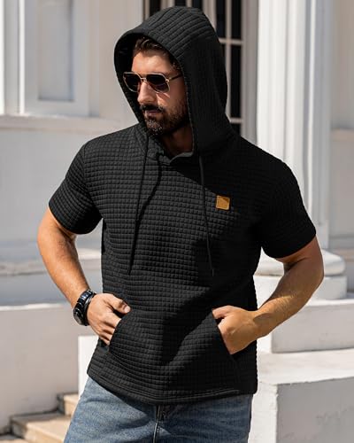 Aiyino Men's Hoodies Pullover Casual Short Sleeve Drawstring Waffle Knit Hooded Sweatshirt with Kanga Pocket2