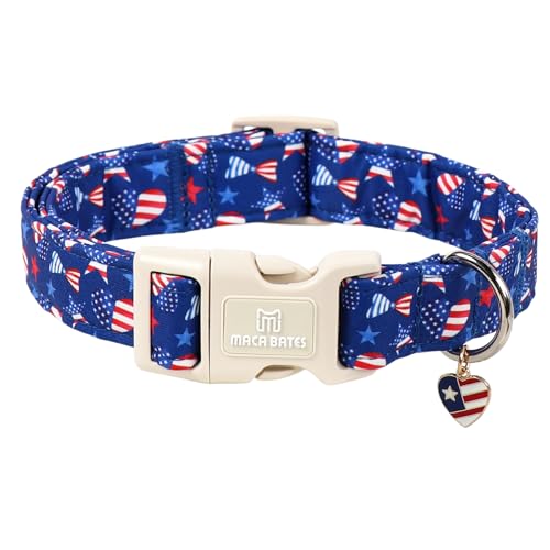 Maca Bates 4th of July Dog Collar with Patriotic Heart Charm for Small Girl Boy Dogs American Flag Pattern Pretty Adjustable Durable Collars Blue Independence Day Gift for Male Female Puppy
