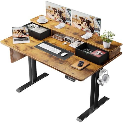 Image of Veken 47x28 in Electric Standing Desk with Drawers, Adjustable Table, Brown | Stand up Computer Desk for Home Office, Work & Study, with Storage, 3 Memory Presets, Cable Organizer, Hook, and Quiet Lift.