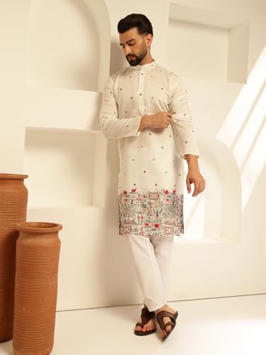 Image of SOJANYA (Since 1958 Men's Festive Cotton Silk Designer Kurta with Daman Embroidered Detailing | Perfect for Navratri, Diwali & Special Occasions