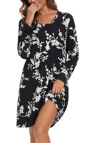Image of Kabento 2 Pack Long Sleeve Nightgowns for Women Soft Cotton Night Gowns Sleepwear V Neck Nightshirts