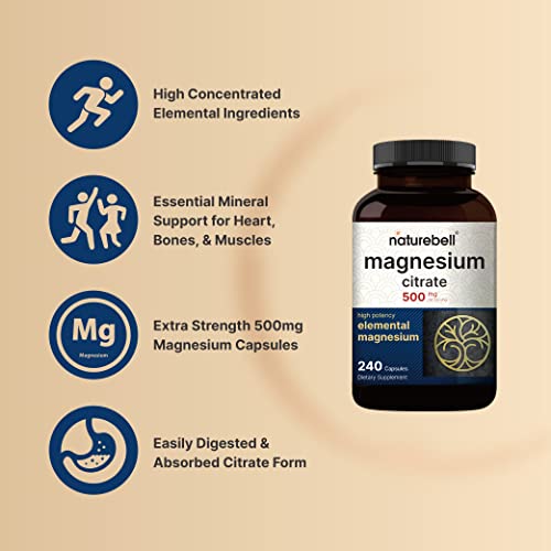 Magnesium Citrate 500Mg, 240 Capsules | High Purity Elemental Form – Extra Strength | Essential Mineral For Heart, Muscle, & Digestion Support – Non-Gmo & No Gluten #TOP2