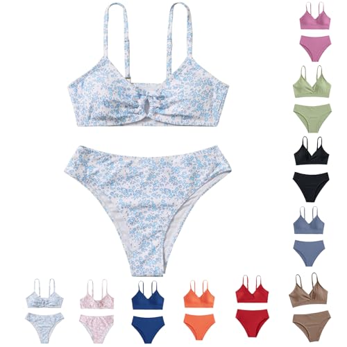 Girls Swimsuit 2 Piece Bikini Sets Cute V Neck Floral Print Bathing Suits Spaghetti Strap Comfy Summer Beach Swim Suit