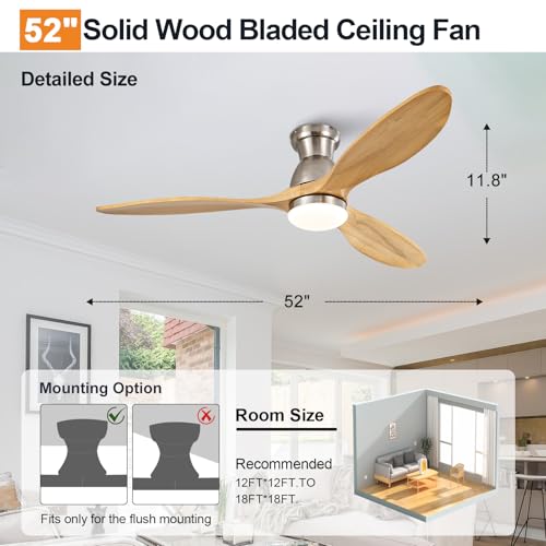 Image of Dimmable 52 Inch Flush Mount Ceiling Fans with Lights and Remote, 3 Blade Wood Bedroom Ceiling Fan with Lights Low Profile Ceiling Fan with Light Brushed Nickel Outdoor Ceiling Fans for Patios