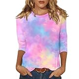 Tie Dye Shirt Women 3/4 Sleeve Fall Cotton Crew Neck Petite Cute Tops Graphic Lightweight Business Casual Blouses Dressy Western Clothes Undershirts 3/4 Sleeve Tops for Women 2025, Multicolor, XL
