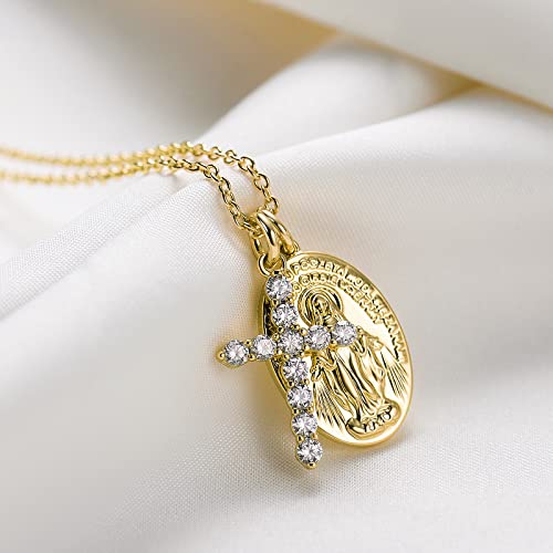 Allencoco Dainty Gold Necklace For Women, Gold Cross Virgin Mary Necklace, 18K Gold Simple Necklace, Interlocking Circle Pendant, Cubic Zirconia Pendant #TOP2
