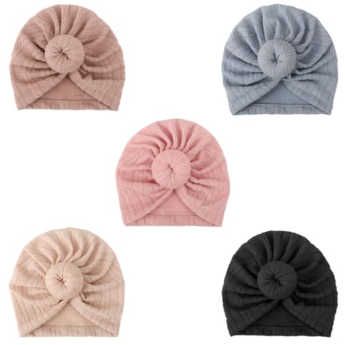 Image of DRESHOW BQUBO 5 Pieces Newborn Baby Turban Hats Bow Baby Infant Beanie Breathable Toddler Cap for Baby Girls