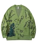 Flygo Mens Dinosaur Sweater Harajuku Cartoon Oversized Button Down Knit Sweater Cardigan(Green-XL)