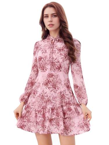 Image of Allegra K Women's Spring Dresses 2026 Tie V Neck Semi Sheer Long Sleeve Layered Tiered Chiffon Mini Floral Dress
