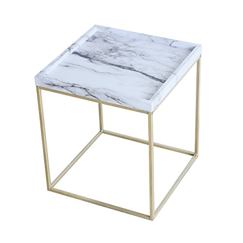 Tilly Lin Modern Accent Faux Marble Top End Table, Gold Legs Side Table, for Living Room, Bed Room, Black Metal Frame, Carrara