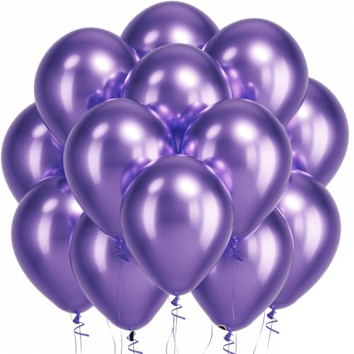 Image of Bezente Pro Duralatex Metallic Purple Balloons - 100 Pack 12 inch Extra-Thick Metallic Chrome Purple Balloons for Bachelorette Princess Wedding Engagement Birthday Party Decorations
