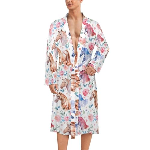 Watercolor Horses Hearts Flowers Funny Men's Robe Soft Lightweight Bathrobe Long-sleeve Spa Robes