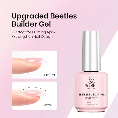 Image of Beetles HEMA-Free 15ml Gel Top Coat and Builder Gel for Nails with Nail Brush, Low Heat Hypoallergenic Clear 8 in 1 Builder High Shine Long Lasting No Wipe Top Coat Nail Polish