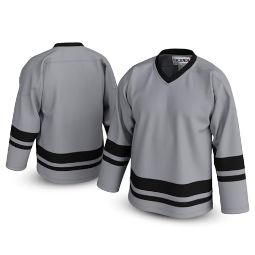 UNLC Classic Blank Hockey Jersey with Stripes – Authentic Stitched, Breathable Mesh and Durable Polyester, Grey, 5X-Large
