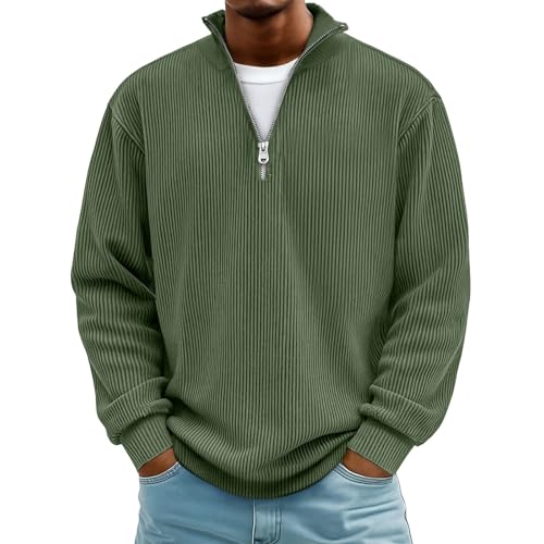 Sudadera con cremallera de 1/4 para hombre, casual, con textura, cuello y cremallera de un cuarto, manga larga, para otoño e invierno, ropa deportiva cálida para exteriores, verde, S