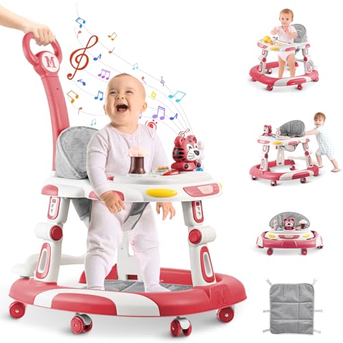 baby walkers 5-in-1 multifunctional height adjustable foldable activity center with wheels ampmusic amptoys tray infant toddler walker for boys and girls 6-24 monthspink