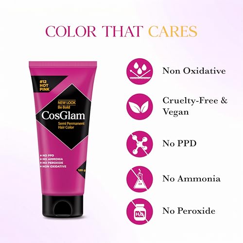 Image of Cosglam Hot Pink (#12) Semi Permanent Hair Color for Women & Men, 120g | Vegan Hair Dye | No Ammonia, No Peroxide | Non-Oxidative Formula | Conditioner Enriched Glossy Finish