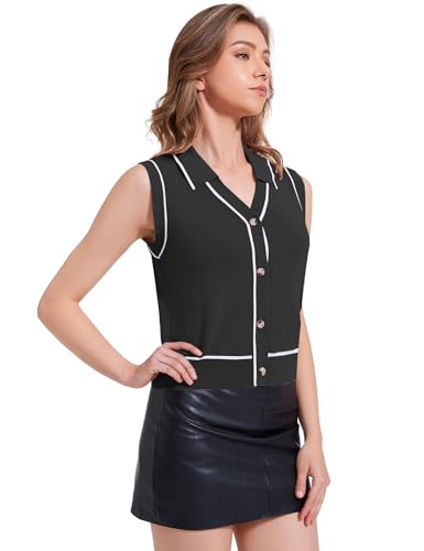 Image of Sweater Vest Womens Trendy Summer 2025 Lapel V Neck Button Down Vest Top Color Block Sleeveless Ribbed Knit Tank Tops