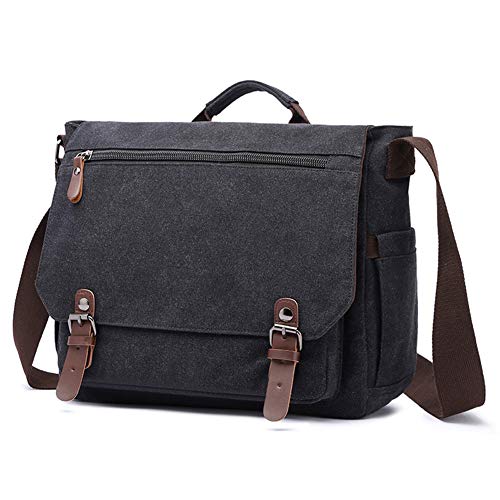 Waterproof Vintage Genuine Leather Waxed Canvas Briefcase Large Satchel Shoulder Bag Rugged Leather Computer Laptop Bag for 15.6Inch Laptop Business Briefcase