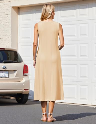 Image of HOTOUCH Summer Casual Dresses for Women Sleeveless Midi Dress Swing Tank Sundress Pleated Tshirt Dress with Pockets