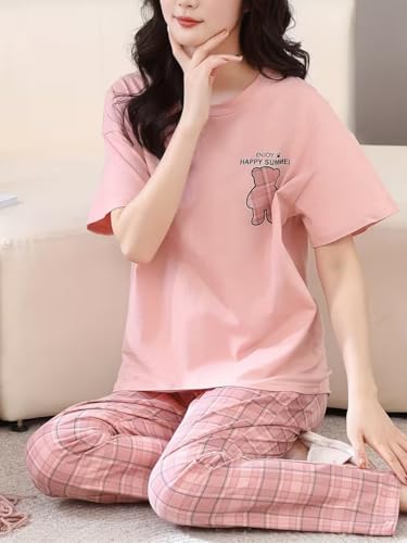 Image of SHIENZY Women Korean Style Night Suit | Round Neck Short Sleeve Cute Printed Cotton Pajama Set for Girls & Women | Soft Nightwear, Loungewear, Sleepwear for Women | Full Pyjama Set | Co-ord Set