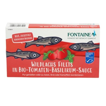 Fontaine - Wildlachs Filets in Bio-Tomaten-Basilikum-Sauce – 200 g – 5er Pack - Premium Lachsfilets aus 100% zertifizierter, nachhaltiger Fischerei