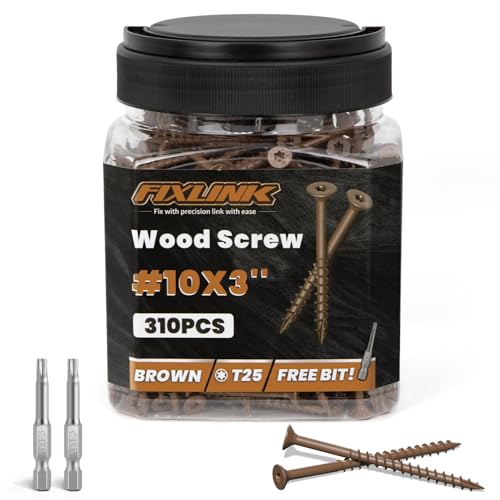 Image of Wood Screws 3 Inch, FIXLINK Deck Screws #10 x 3, 310 PCS, Epoxy Coated, T25 Star Bit Above 1500 Hour Salt Spray Coating Outdoor Decking Screws Excellent Rust Resistant for Wood Fence, Brown
