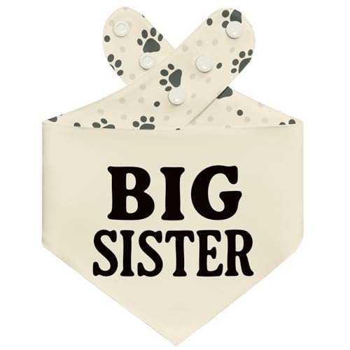 THLOH Big Sister Dog Bandana with Snap Buttons Double Layer Reversible Pet Scarf for Baby Announcement Gender Reveal Family Photos Adjustable Fit Gift (Beige Large)