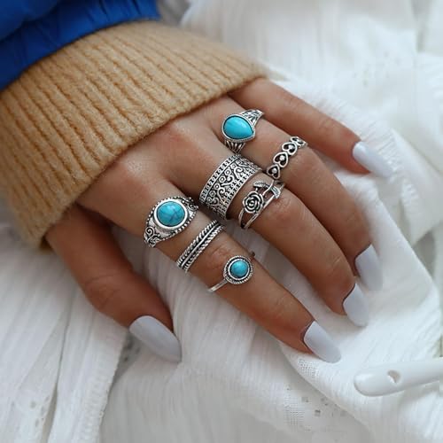Huasai Turquoise Rings For Women Boho Rings Set Silver Stackable Rings Crystals Knuckle Rings Western Chunky Rings Retro Midi Rings Pinky Rings For Teen Girls Turquoise thumb #1