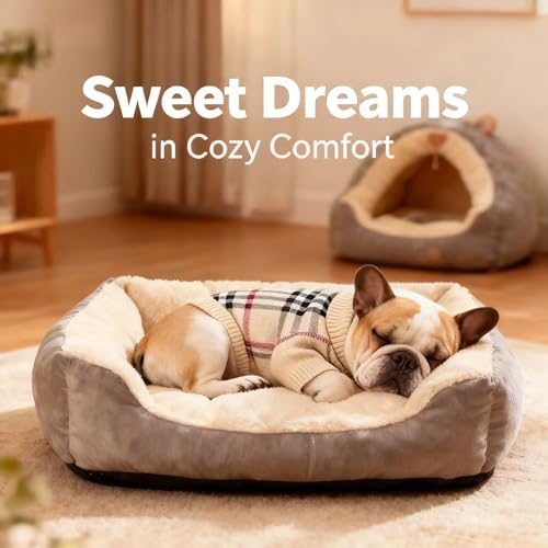 Image of Small /Medium Dog Sweater, Warm Dog Winter Coat w /Sleeves, Comfortable High Neck & Leash Hole, Premium Dog Clothes for Bulldog-Best for Holidays, Daily Walks L Apricot