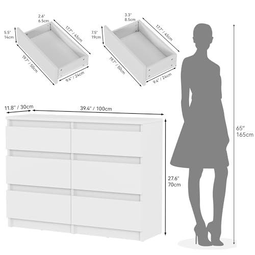 YITAHOME Kommode, 6 Schubladen Schlafzimmerschrank, modernes Möbel 100x30x70cm, stabil & sicher, aus Holz, mit Laufschienen, Weiß