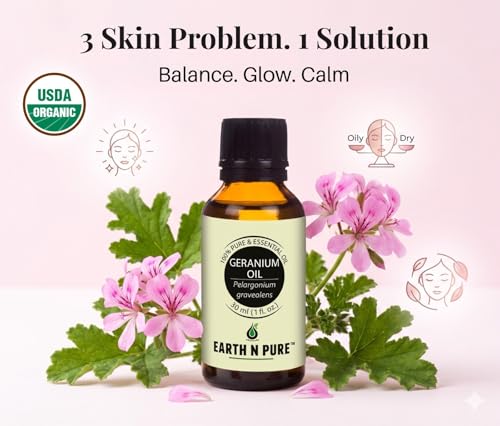 Image of Earth N Pure Geranium Essential Oil | 100% Pure & Natural | Balanced Skin, Healthy Hair & Relaxation | Undiluted | Vegan & Cruelty-Free | 15ml