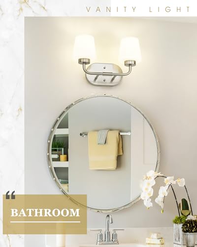 Image of 2-Light Bathroom Light Fixtures Over Mirror, Brushed Nickel | Vanity Lighting Fixtures with Milk White Glass, Vintage Farmhouse Wall Sconces Lighting, AD-22004-2W-SN