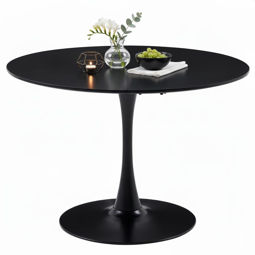 Esstisch Rund 110 cm – Moderner Runder Esstisch, Küchentisch Rund im Tulpendesign für 4–6 Personen, Wohnzimmer Tisch MDF Holz mit Fester Standfläche, Schwarz