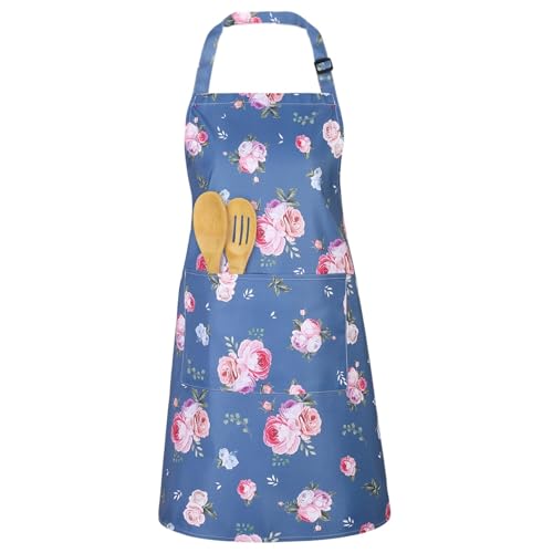 Halinuia Schürzen Damen Wasserdicht Kochschürze mit Taschen Blumen Vintage Schürze Küche Verstellbare Chef Apron Women Blaue Schürzen Gastronomie für Kochen Backen Gartenarbeit