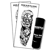 INKARTLINK Semi Permanent Tattoo, 2 Pieces Full Arm Large Size Art Party Tattoos, Comes with a Pair of Anti-Transfer Sleeves, Lasts 7-15 Days, Waterproof and Anti-Reflective (Lion, Wolf, Clock)