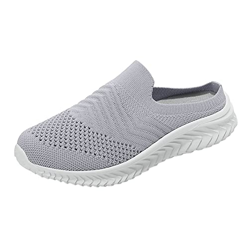 Zapatillas de correr para mujer, color sólido, informales, de malla, hueco, transpirable, a la moda, planas, sin talón, zapatillas deportivas, color negro, gruesas, gris, 40 EU