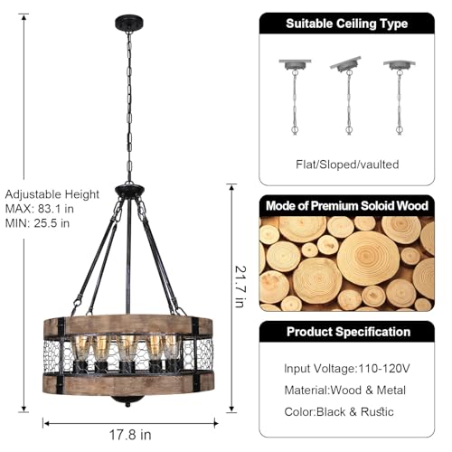 Rustic Farmhouse Chandelier Wood Light Fixture 5 Light Drum Chandelier for Dining Room Entryway Kitchen Island FoyerVintage Wood and Metal FinishE26