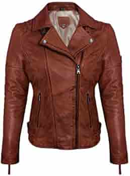 Tazzio F506 Leren jas voor dames, echt leer, bikerlook met coole ritsdetails en reverskraag, bruin, L