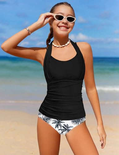 Image of Girls Swimsuit 2 Piece Halterneck Cross Straps Girls Tankini Top Drawstring Prints Shorts Bathing Suit for Teens 9-16Y