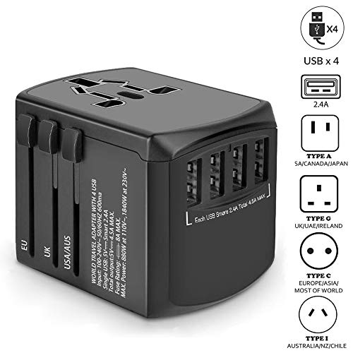 Universal Travel Adapter, International Power Adapter, Worldwide Plug Adaptor with 4 USB Ports