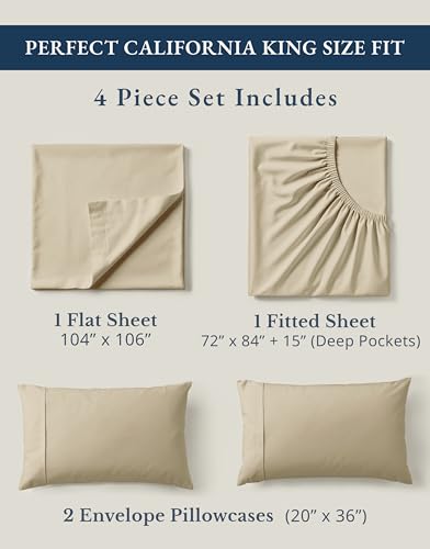 Image of LANE LINEN 100% Organic Cotton Fully Elasticized California King Sheet Set, Low Pilling Fade Resistant Machine Washable Naturally Cooling Cal King Bedding Set, Soft & Comfy Cotton Sheets - Linen