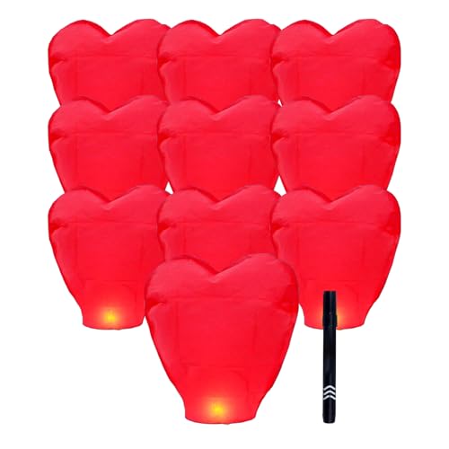 Juego de 10 linternas chinas, linternas para liberar en la memoria, juego de linternas voladoras en forma de corazón rojo con rotulador, linternas de papel conmemorativas para bodas, cumpleaños