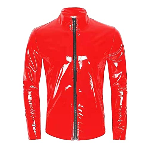 Haut muscle d'été avec fermeture éclair en latex pour homme - T-shirt en maille - Haut stretch - T-shirt en cuir verni - Lingerie - Clubwear - Maillage - Haut - Aspect cuir - Contraste, rouge, S