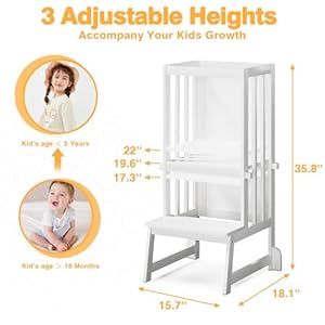 Kids Kitchen Step Stool with Chalkboard Height Adjustable Toddler Tower with Safety Rail Toddler Kitchen Stool Helper Anti tip Kitchen Step Stool for Toddlers 18 Months Older White