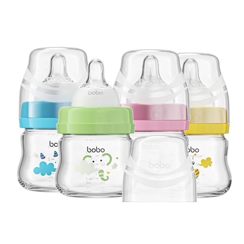 Image of YOHKOH Glass Baby Bottles with Slow Flow Nipple, Newborn Anti-Colic Baby Bottles for 0+ Months, Wide Neck Feeding Bottle, Clear (Multicolour, 2.7oz (Pack of 4))