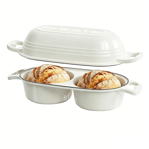 Dutch Oven For Sourdough Bread Baking Enameled Cast Iron Dutch Oven Pot with Lid Double Bread Loaf Pan 500F Oven Safe Non Stick Bread Pot for Homemade Bread Meatloaf CakeRound Loaf Space Even Heating Cream White