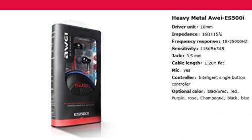 Awei ES-500i earphone packaging displaying key specifications like driver unit, impedance, frequency response, sensitivity, jack type, cable length, and controller type.
