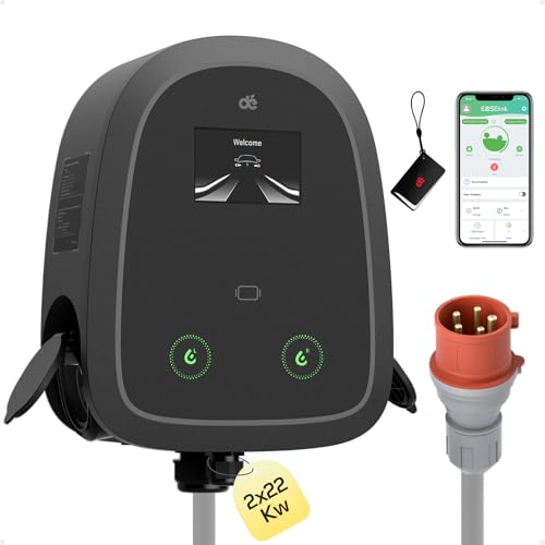 dé Wallbox Doble 2×22kW [2×32A, Trifásico] Estacion de Carga Coche Electrico 22kW con Enchufe Doble Tipo 2, Wallbox Trifásico con App y RFID Simultánea para 2 Vehículos, para BEV/PHEV